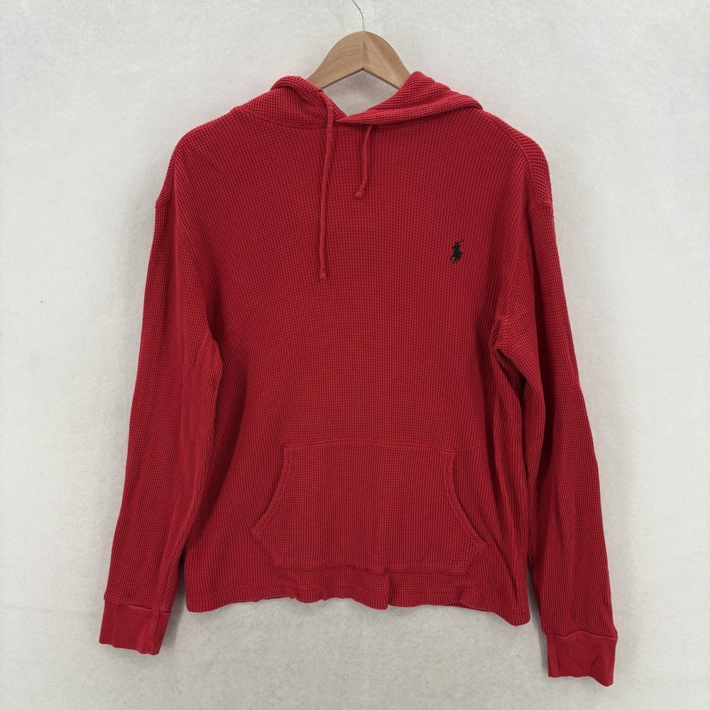Polo Ralph Lauren Hoodie Mens Medium Red Waffle Thermal Kangaroo Pullover Logo